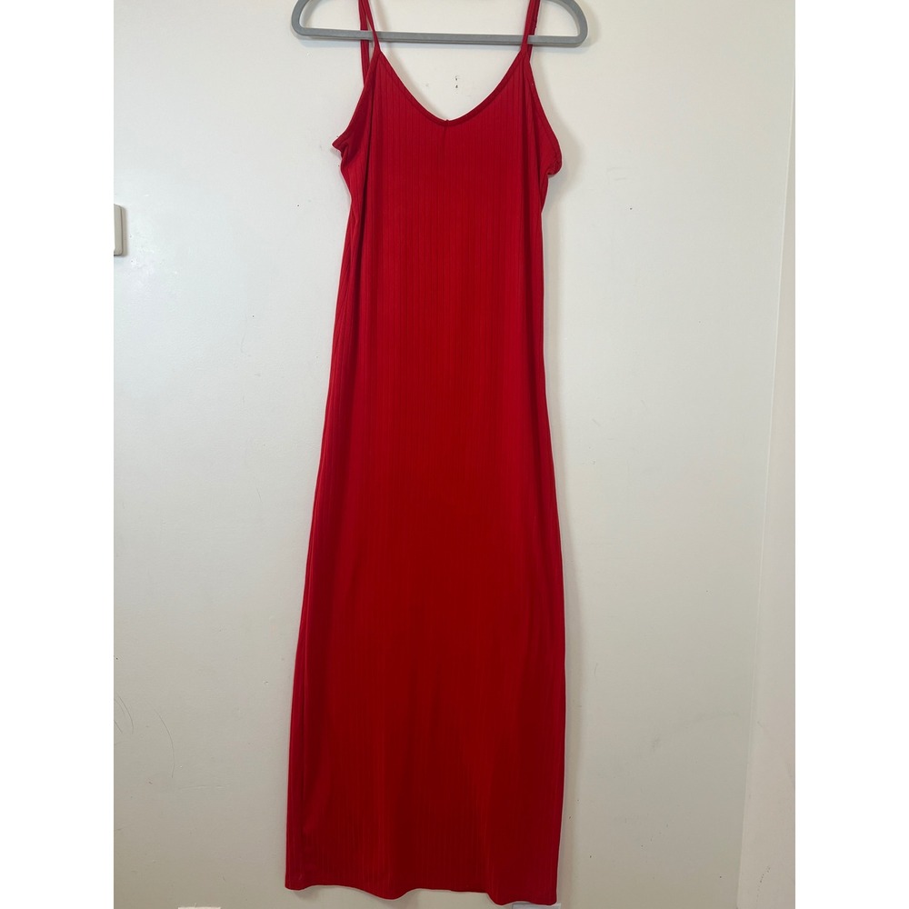 Maxi Dress Red Ribbed Spaghetti Strap Side‎ Slit Size L - Picture 7 of 13